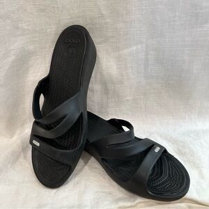 Crocs black Rhonda Wedge slip on slides sandals 12